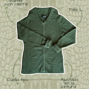 Suéter verde militar, talla L, con cierre frontal completo, tela suave y diseño versátil para uso casual o deportivo.